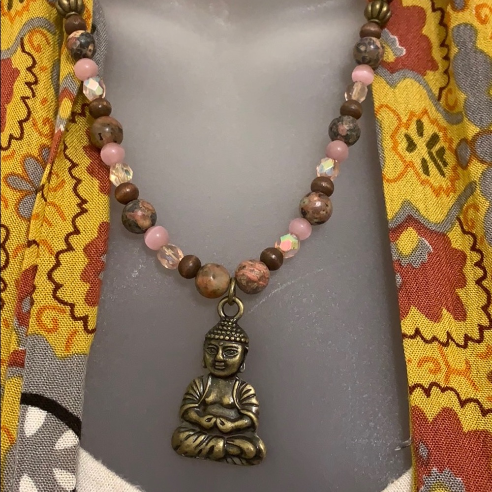 Handcrafted Pewter Buddha Rhodonite Necklace Set - Picture 4 of 7